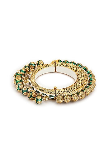 Gold Finish Pearl & Green Synthetic Stone Meenakari Bangle