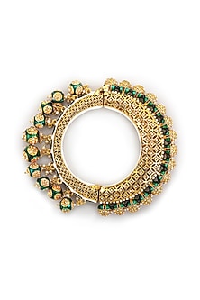 Gold Finish Pearl & Green Synthetic Stone Meenakari Bangle