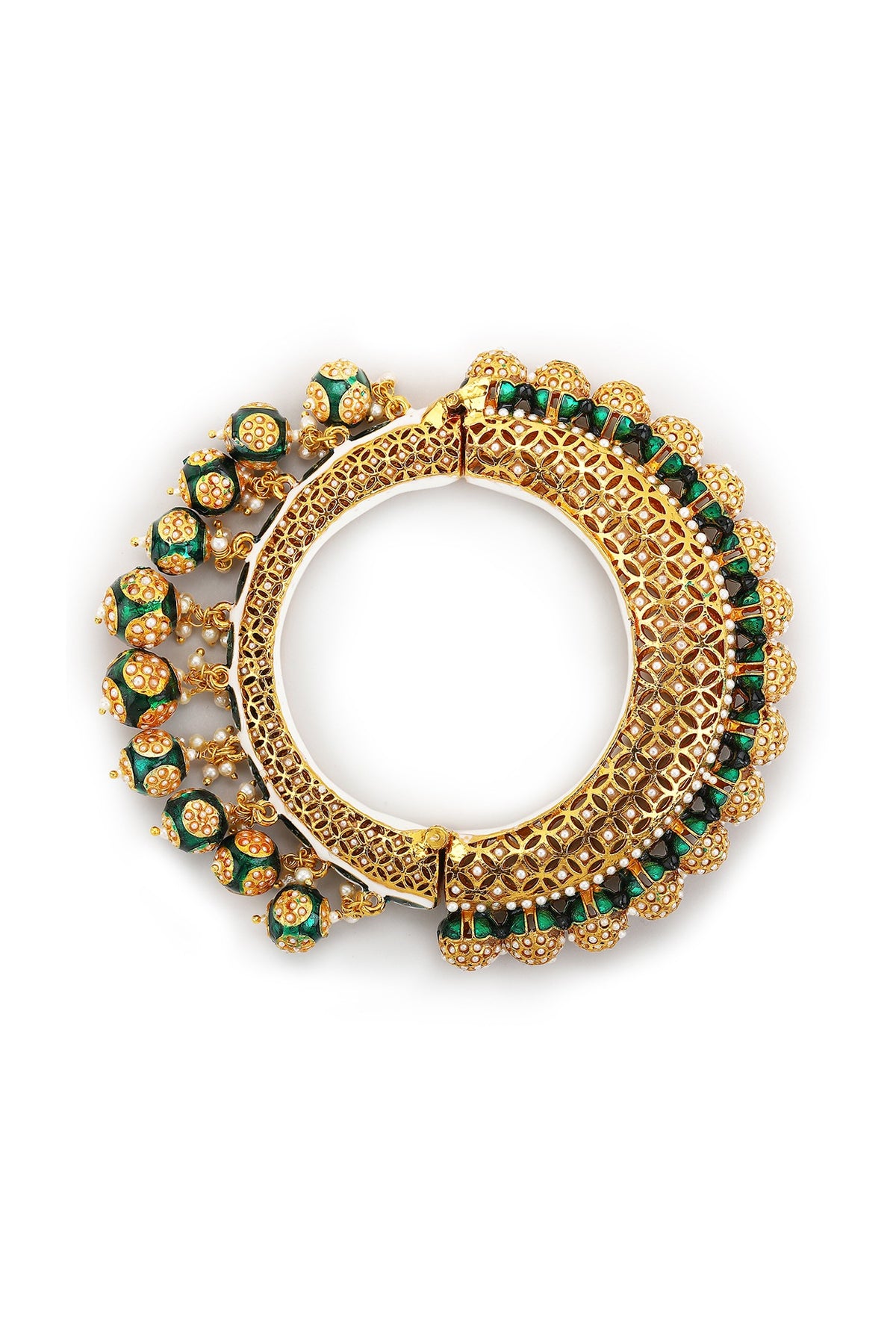 Gold Finish Pearl & Green Synthetic Stone Meenakari Bangle
