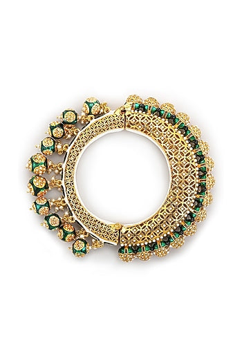 Gold Finish Pearl & Green Synthetic Stone Meenakari Bangle