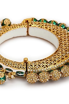 Gold Finish Pearl & Green Synthetic Stone Meenakari Bangle