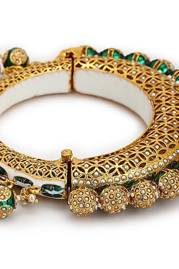 Gold Finish Pearl & Green Synthetic Stone Meenakari Bangle