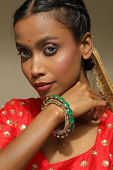 Gold Finish Green Kundan Polki Meenakari Bangle