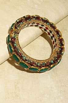 Gold Finish Green Kundan Polki Meenakari Bangle