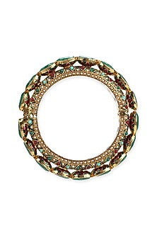 Gold Finish Green Kundan Polki Meenakari Bangle