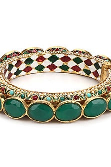 Gold Finish Green Kundan Polki Meenakari Bangle