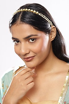 Gold Finish Kundan Polki & Pearl Hairband