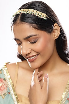 Gold Finish Kundan Polki Beaded Hairband