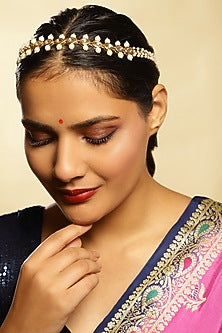 Gold Finish White Kundan Polki & Pearl Mathapatti