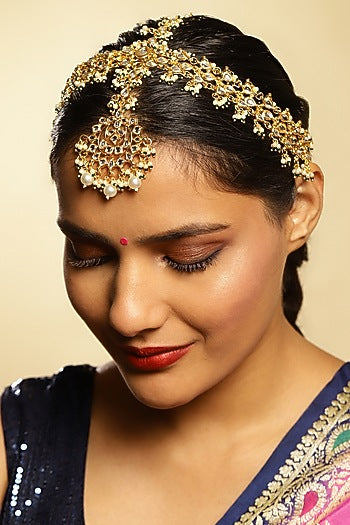 Gold Finish Kundan Polki & Pearl Mathapatti