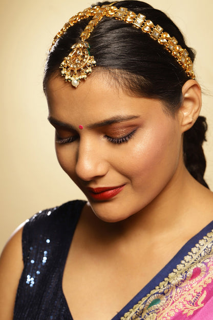 Gold Finish Kundan Polki & Pearl Mathapatti