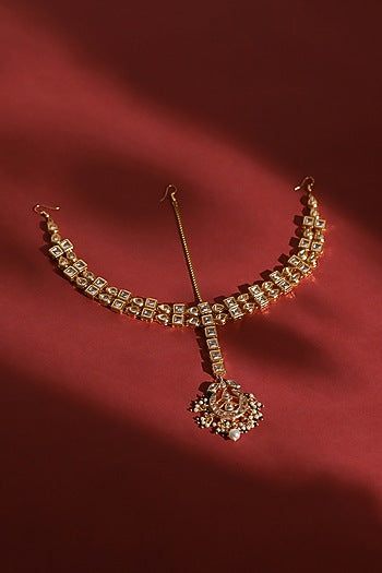 Gold Finish Kundan Polki & Pearl Mathapatti