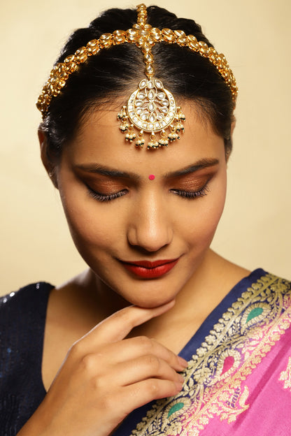 Gold Finish White Kundan Polki & Pearl Mathapatti