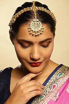 Gold Finish White Kundan Polki & Pearl Mathapatti