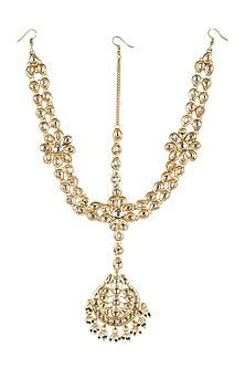 Gold Finish White Kundan Polki & Pearl Mathapatti