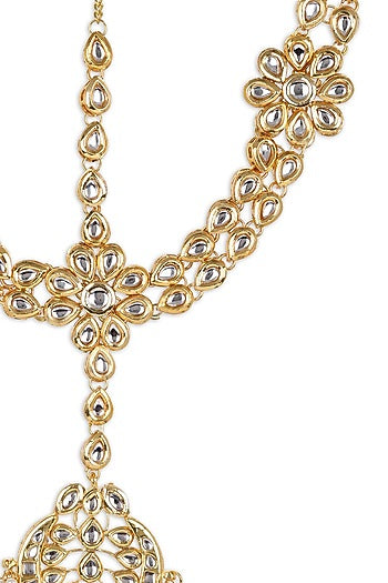 Gold Finish White Kundan Polki & Pearl Mathapatti