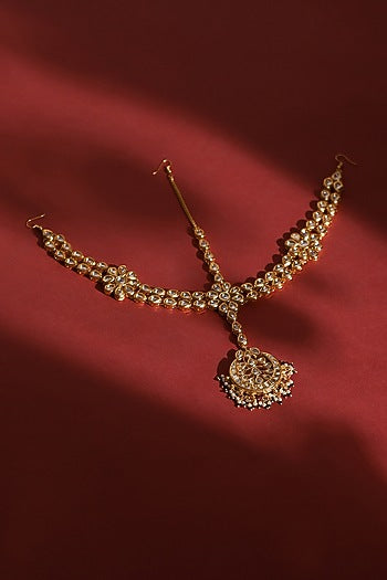 Gold Finish White Kundan Polki & Pearl Mathapatti