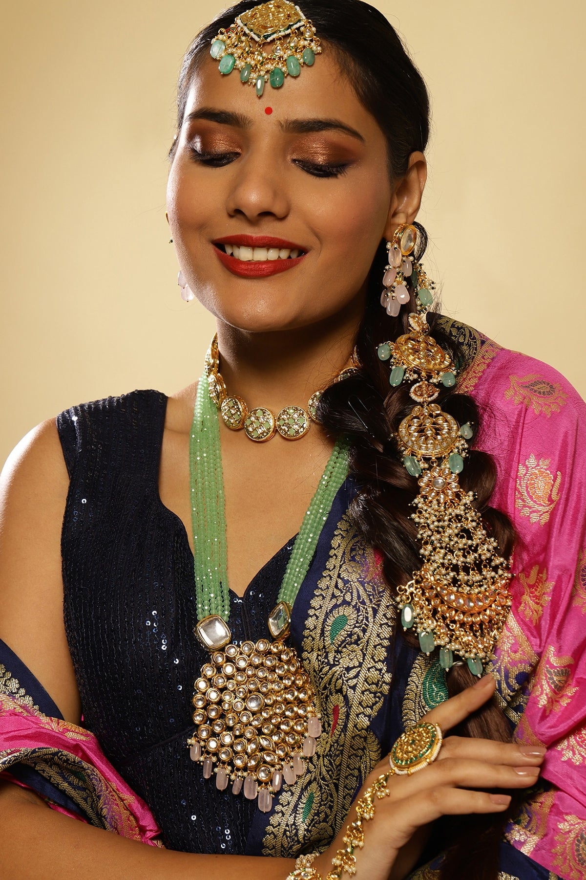 Gold Finish Kundan Polki & Pearl Hair Chain