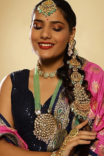 Gold Finish Kundan Polki & Pearl Hair Chain