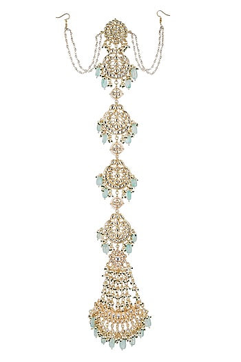 Gold Finish Kundan Polki & Pearl Hair Chain