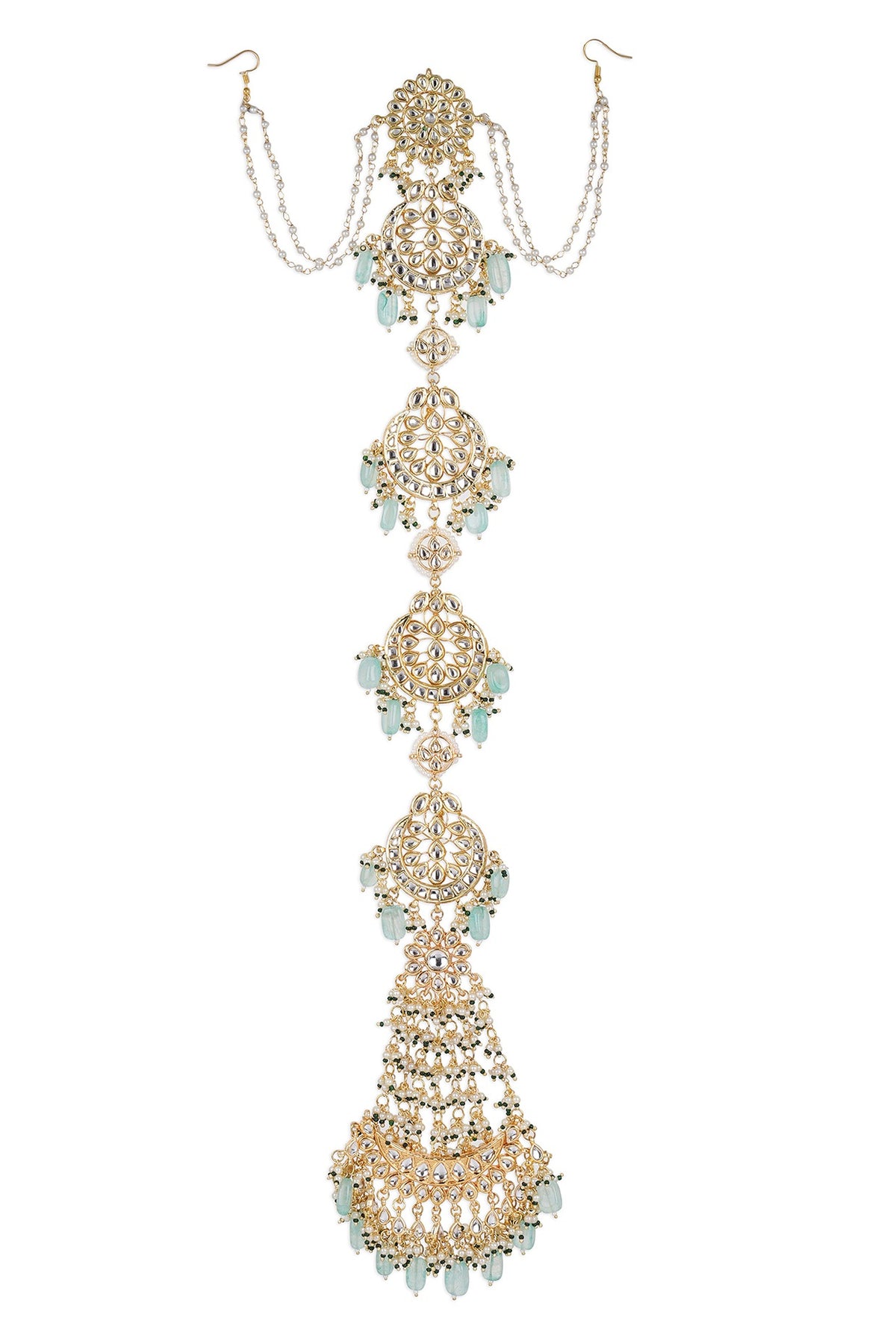 Gold Finish Kundan Polki & Pearl Hair Chain