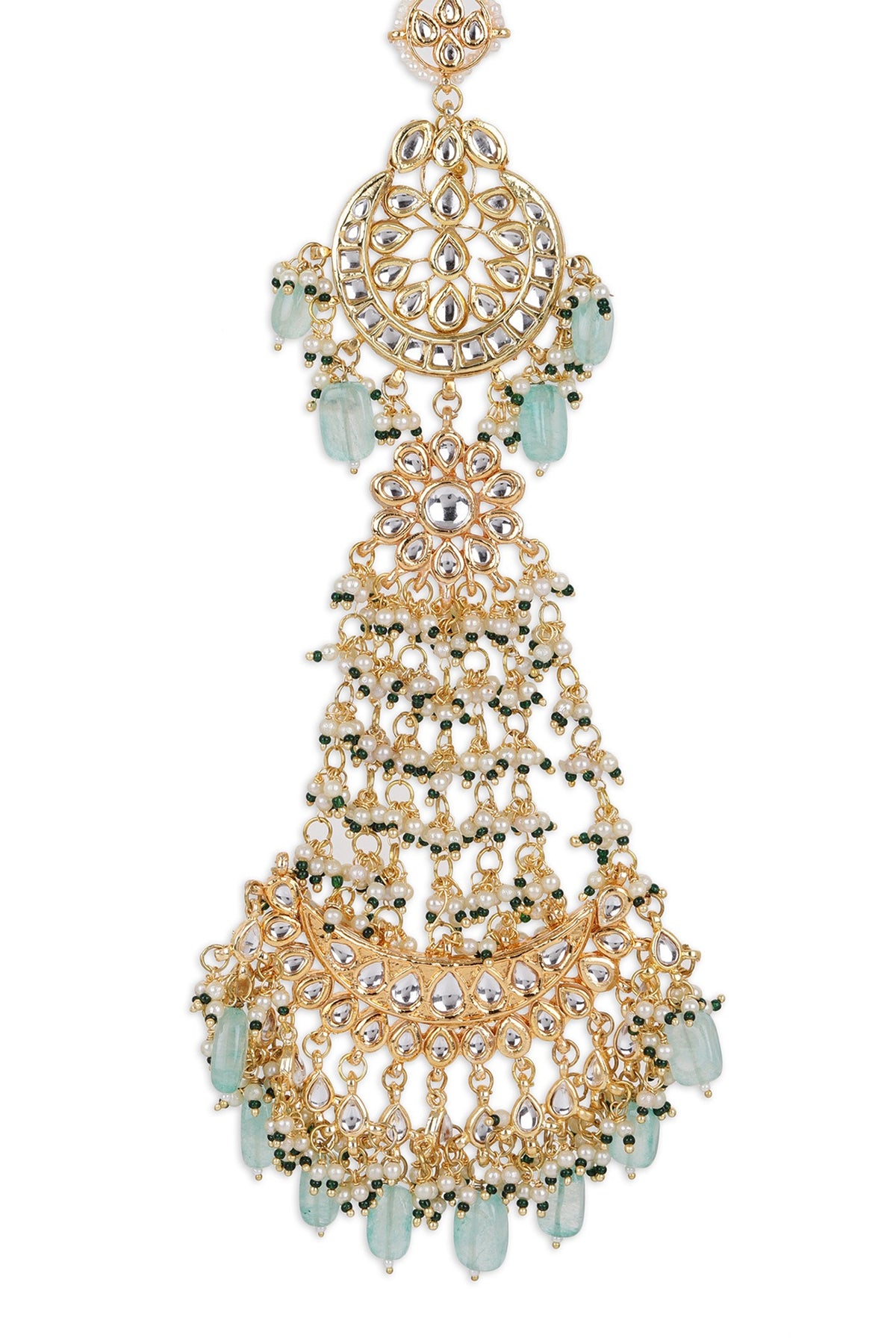 Gold Finish Kundan Polki & Pearl Hair Chain