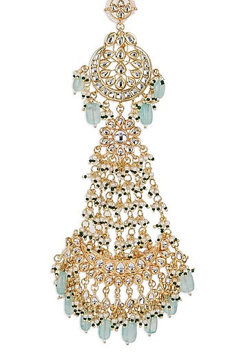 Gold Finish Kundan Polki & Pearl Hair Chain