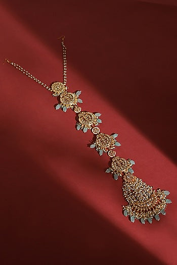 Gold Finish Kundan Polki & Pearl Hair Chain