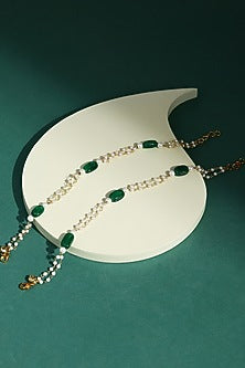 Gold Finish White & Green Pearl Anklets