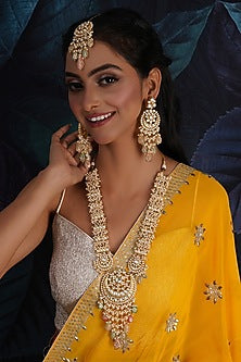 Gold Finish Kundan Polki & Pearl Long Necklace Set