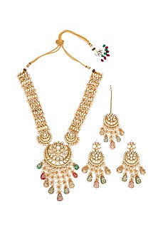 Gold Finish Kundan Polki & Pearl Long Necklace Set