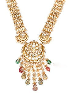 Gold Finish Kundan Polki & Pearl Long Necklace Set