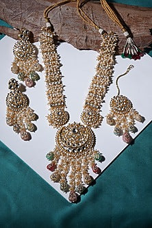 Gold Finish Kundan Polki & Pearl Long Necklace Set