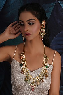 Gold Finish Kundan Polki & Pearl Long Necklace Set
