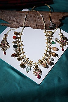 Gold Finish Kundan Polki & Pearl Long Necklace Set