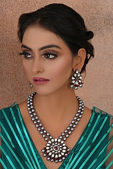 Black Rhodium Finish Kundan Polki Long Necklace Set