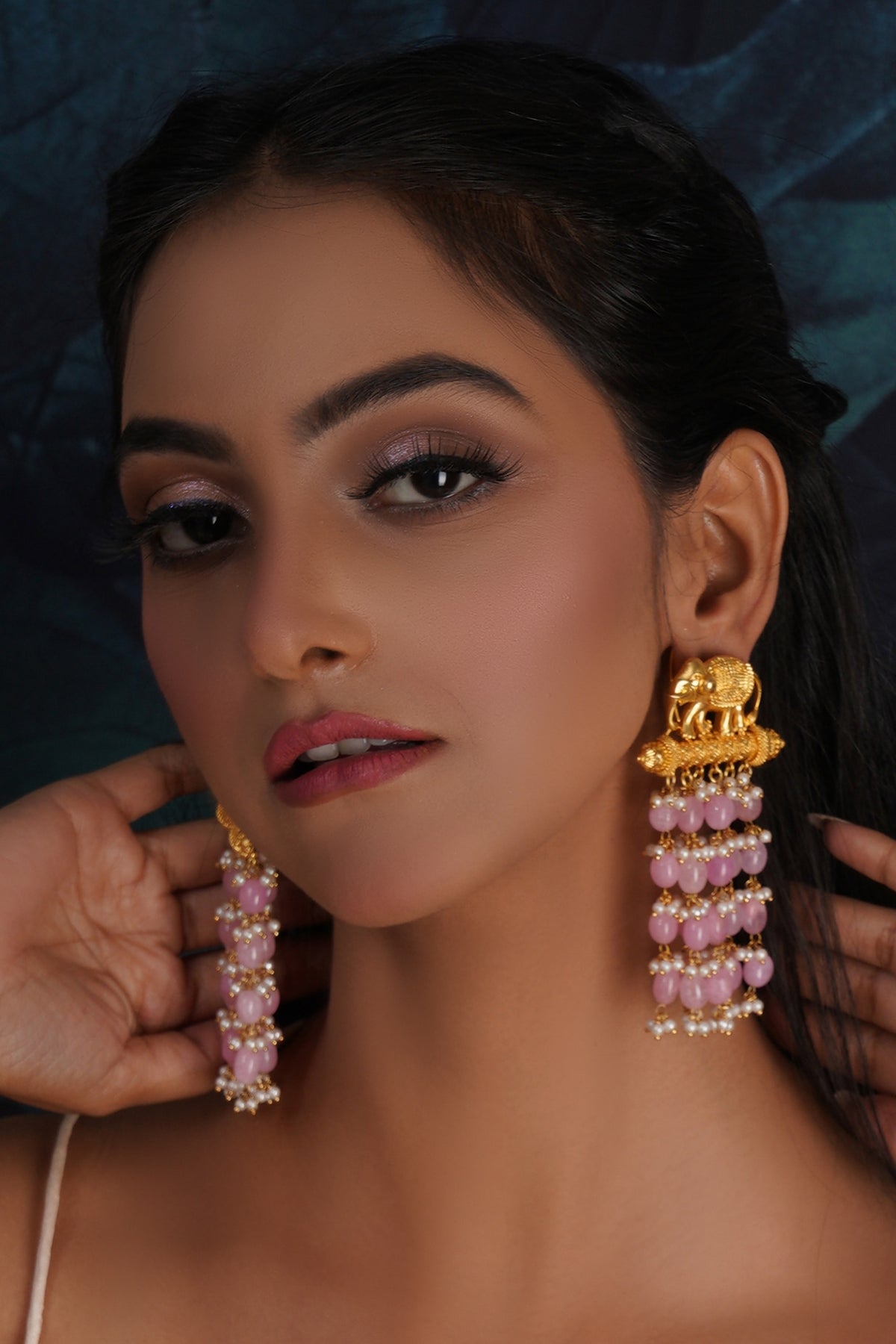 Gold Finish Kundan Polki & Pink Pearl Dangler Earrings
