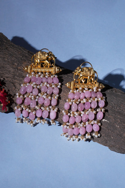 Gold Finish Kundan Polki & Pink Pearl Dangler Earrings