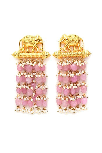 Gold Finish Kundan Polki & Pink Pearl Dangler Earrings