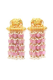 Gold Finish Kundan Polki & Pink Pearl Dangler Earrings