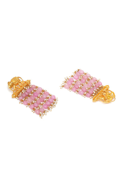 Gold Finish Kundan Polki & Pink Pearl Dangler Earrings