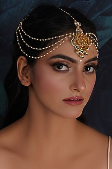 Gold Finish Kundan Polki & Pearl Layered Mathapatti