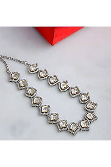 White Finish Kundan Polki & American Diamond Necklace In Sterling Silver