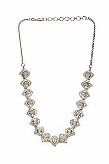 White Finish Kundan Polki & American Diamond Necklace In Sterling Silver