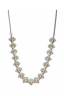 White Finish Kundan Polki & American Diamond Necklace In Sterling Silver