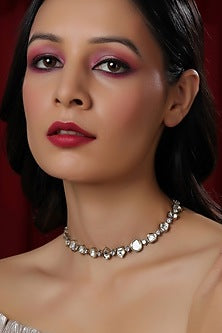 White Finish Kundan Polki & Diamond Necklace In Sterling Silver