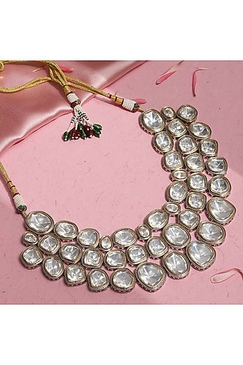 White Finish Kundan Polki Layered Choker Necklace In Sterling Silver