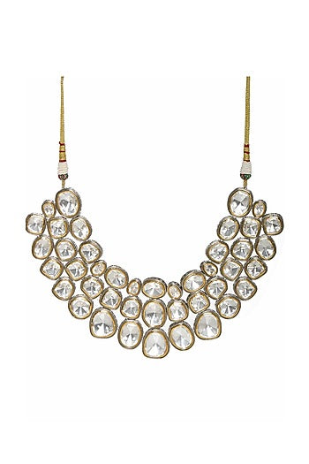 White Finish Kundan Polki Layered Choker Necklace In Sterling Silver