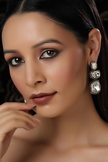 White Finish Kundan Polki Dangler Earrings In Sterling Silver