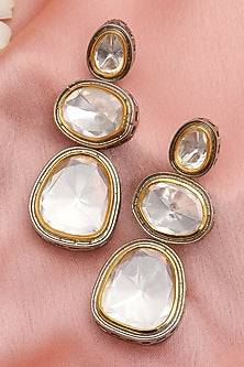White Finish Kundan Polki Dangler Earrings In Sterling Silver